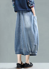 Hellblauer Patchwork-Jeansrock aus Baumwolle mit elastischer Taille